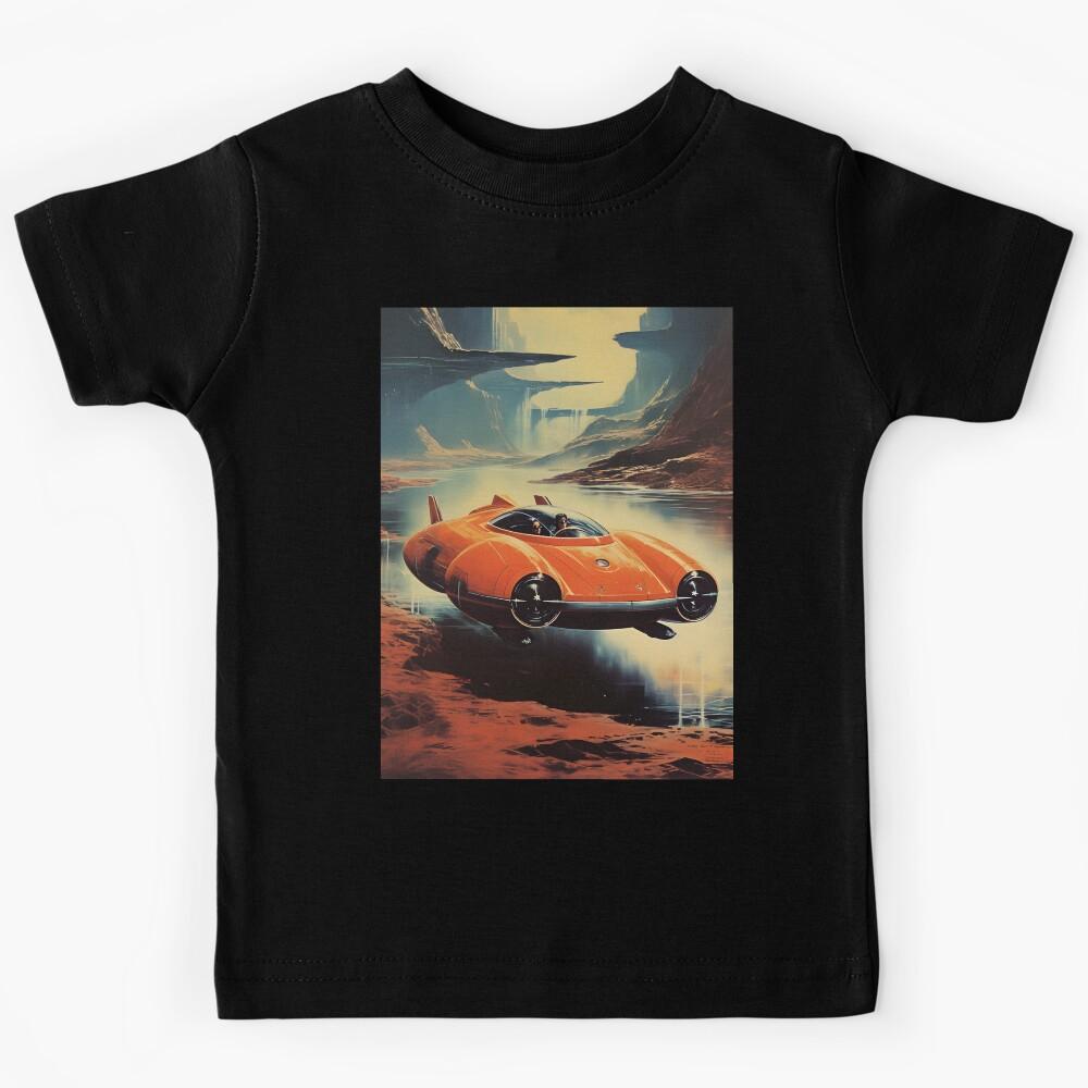 Red Color Retro Futuristic Flying Car and Desert Canyon Landscape with Cliffs Kids T-Shirt 170