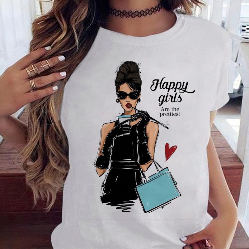 Women's Top Urban Girl Printed Casual White Cute Simple Retro Front Shoulder Pure Cotton Short Sleeved T-Shirts Women’s