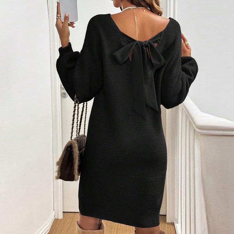 Autumn Women's V-Neck Bowknot Sweater Dress - Loose Knit Pullover