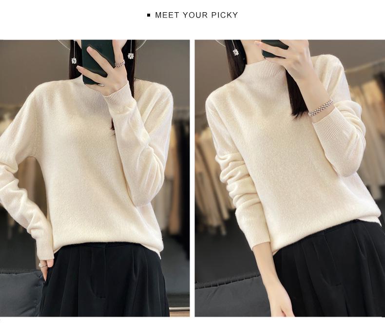 24 Early Autumn Seamless Knit Pullover Sweater with Long Sleeves and Half High Neck