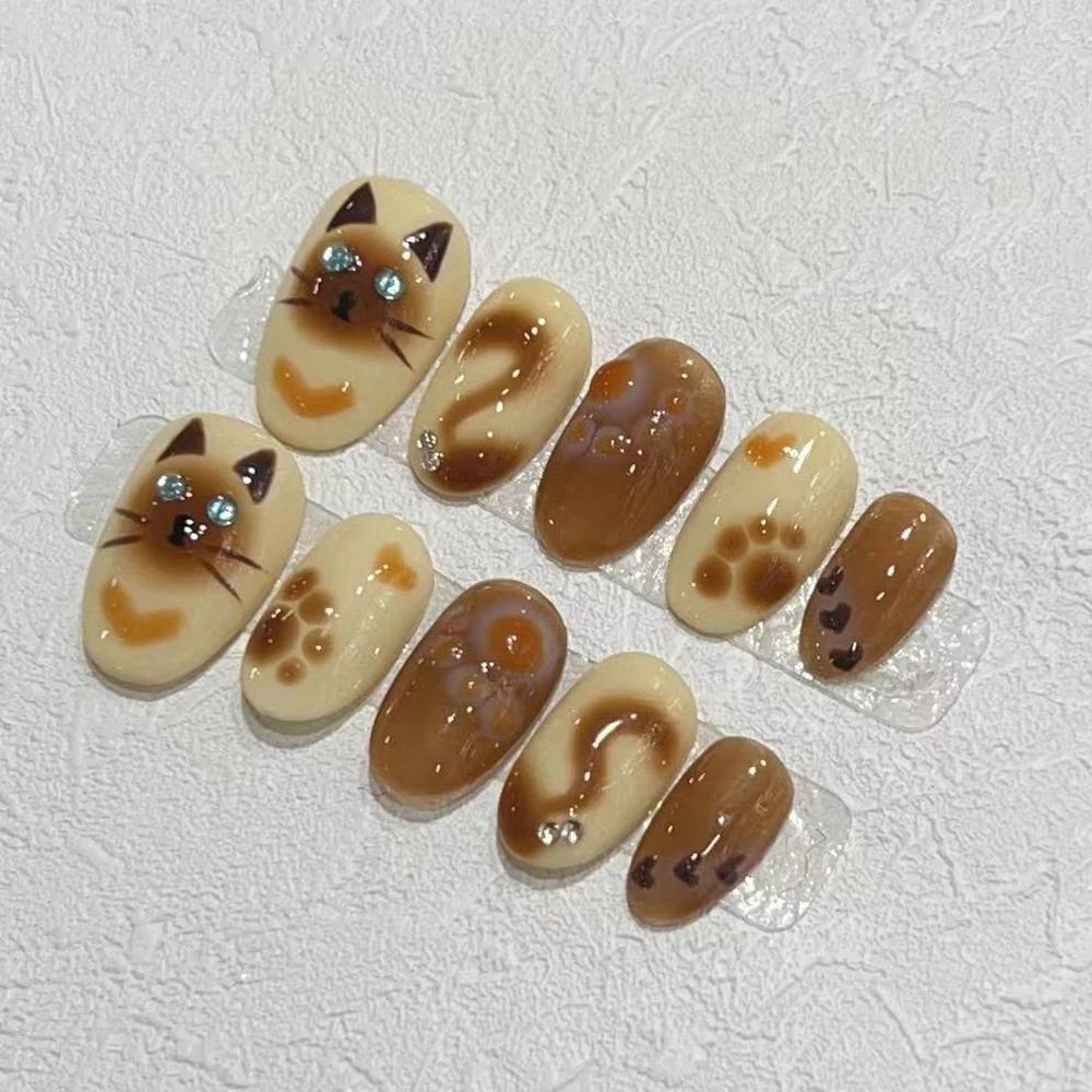 Summer Sweetheart Handmade Full Cover False Nails Kawaii Cartoon Cat Flower Cat Eye Short Square Reusable Fake Nail Stickers