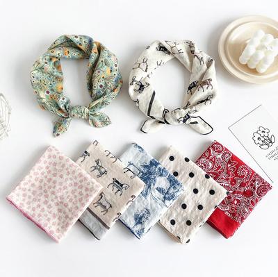 All-cotton Scarf for Women's Small Square Scarf for Summer New Turban for Fashionable and Versatile Digital Printed Cotton and Linen Scarf