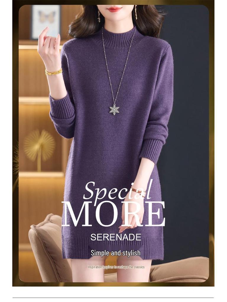 2025 Women's Stylish Loose High Neck Knit Sweater Dress - Mid-Length, Winter Inner Layer for Moms
