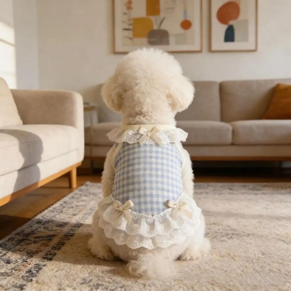 Breathable Pet Dog Vest Bow Lace Design Cat Checkered Clothes Pet Lace Skirt  Daily Wear