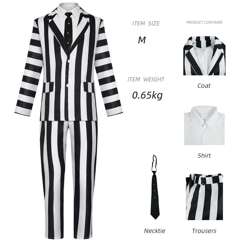[qiqicos] Beetlejuice Striped Suit Cosplay Costume for Men, Women, Kids, Cosplay Clothes, Anime Costume, Event, Party, Disguise, Halloween, School