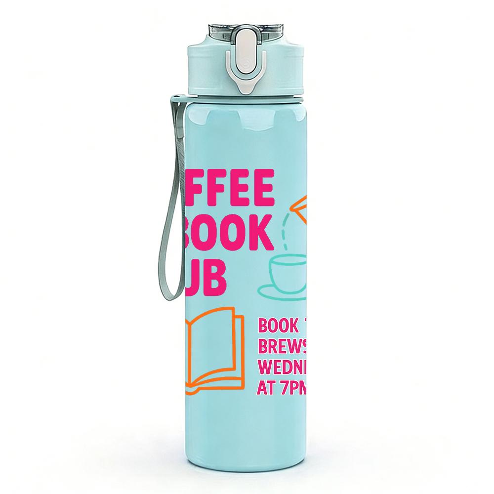 1PC Coffee Book Club Text Graphic,750ml Color Plastic Sports Water Bottle,Leakproof Flip Straw Lid,Suitable for Sports Office Home Use