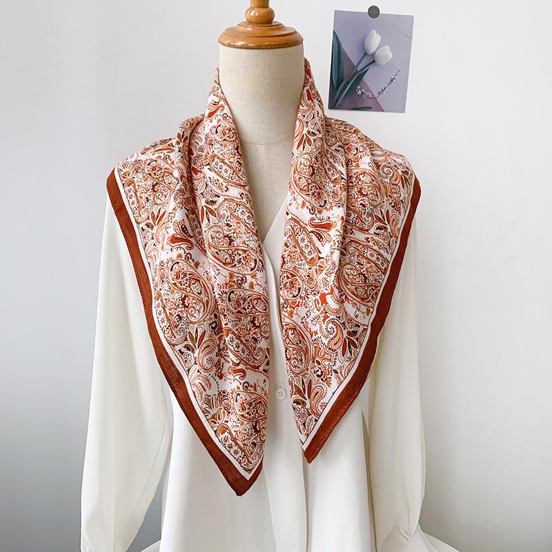 French retro floral small silk scarf women's professional decorative scarf cotton and linen small square scarf dual-purpose shawl outer scarf