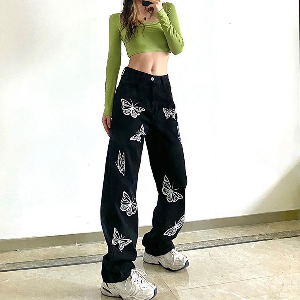 Fashion Women Butterfly Print Slim Jeans Straight High Waist Casual Trousers