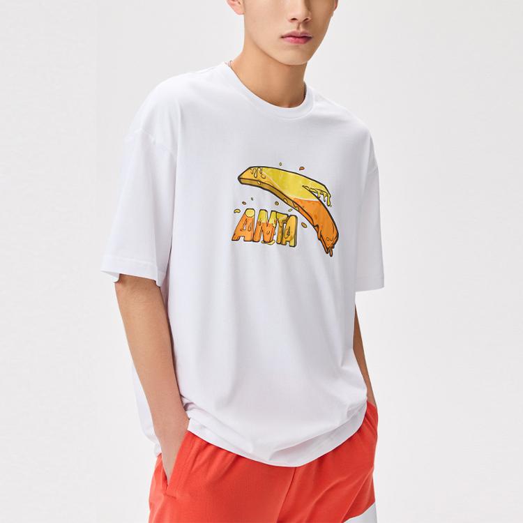 Anta Cartoon Letter Logo Print Round Neck Short Sleeve T-Shirt Unisex Tops Snow-White 972328114-1