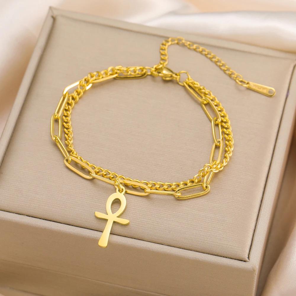 Retro Vintage Bracelet Charm Amulet Talisman Ankh Cross Men Women Egypt Egyptian Key Life Religious Jewelry Gift Hip Hop Rock Goth Gothic