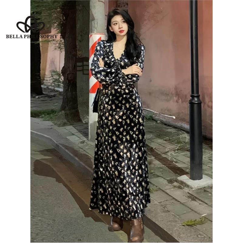 Französischer Stil, Vintage-Stil, sanfter Druck, langes Kleid mit Schnürung, lange Ärmel, Samtkleid, Blumenmuster, V-Ausschnitt, schickes, schmal geschnittenes Kleid