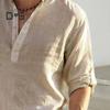 Men Shirt Stand Collar V-Neck Long Sleeve Pullover Tops Breathable Solid Color Casual Tops Daily Wear