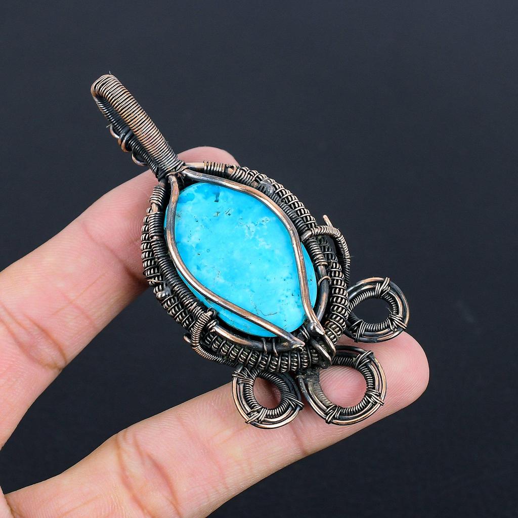 Wisiorek z turkusu tybetańskiego, biżuteria z kamieni szlachetnych owinięta drutem miedzianym próby 999, ręcznie robiony wisiorek, na Święto Dziękczynienia