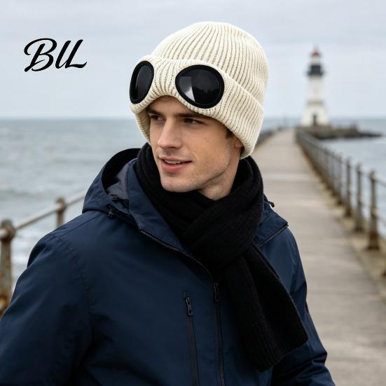 Cycling Thermal Cap Knitted Hat with Goggles, Unisex Winter Hat, Fleece Lined, Windproof Stylish Streetwear Warm Skull for Outdoor Skiing Street