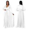 Autumn Winter New Women's V-Neck Lantern Sleeve Tie-Waist Pleated Dress Long Satin Gown Pleated Dress Long Skirt