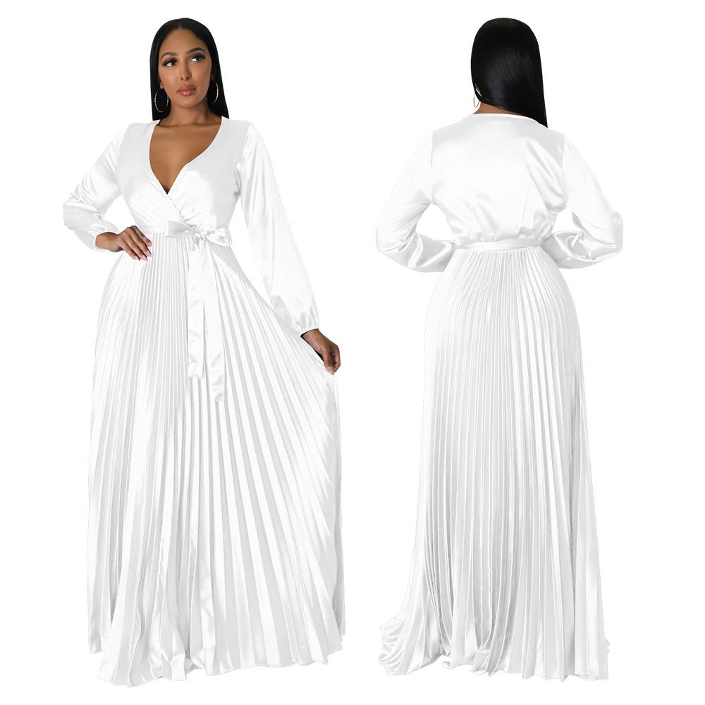 Autumn Winter New Women's V-Neck Lantern Sleeve Tie-Waist Pleated Dress Long Satin Gown Pleated Dress Long Skirt
