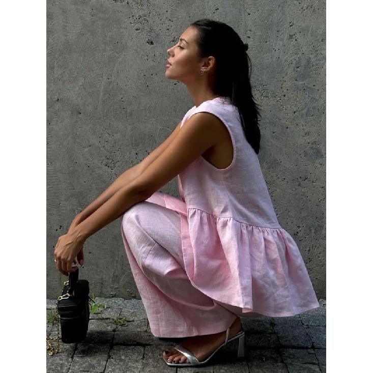 Summer Chic Women'S Set Solid Color Cotton Linen Two Piece Set Fashion Ruffles Sleeveless Tank Top With Wide Pants Outfit Female