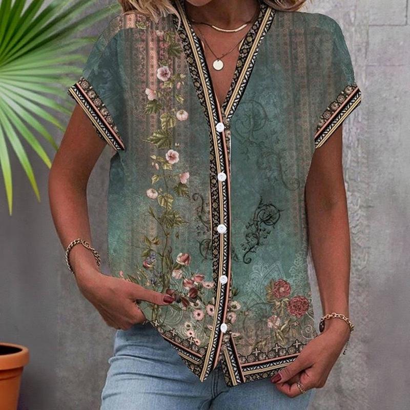 

2025 Ретро Этнический Принт V-образный Вырез Рукав Дольман Футболка 5XL