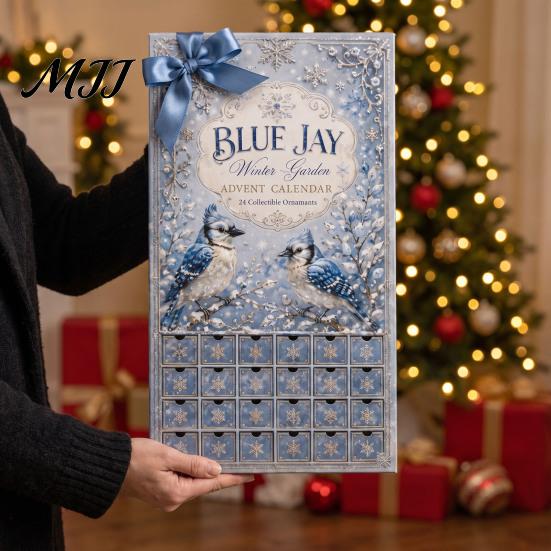 Ice Blue Jay Ornament Advent Calendar, 24-Day Winter Garden Countdown Box Wonderland Decorations with Acrylic 2D Ornaments, Christmas Tree Hanging