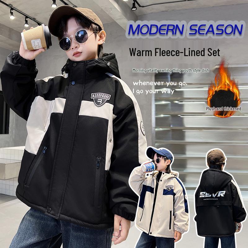 Boy's Plus Velvet Parka - New 2025 Autumn/Winter Cotton Jacket, Medium/Large Sizes, Thickened Windbreaker