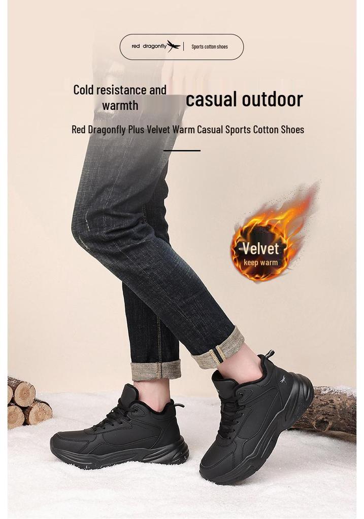 Red Dragonfly Men's High-Top Black Sneakers with Thick Sole and Cozy Velvet Lining for Autumn Winter