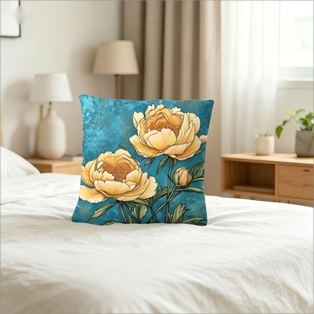 Teal Watercolor Yellow Peony Print Throw Pillow Cover, Floral Botanical Decorative Cushion