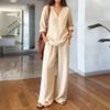 Women Linen 2 Piece Sets Summer Long Sleeve V Neck Shirts Matching Wide Leg Pants Lounge Sets Casual Beach Vacation Outfits