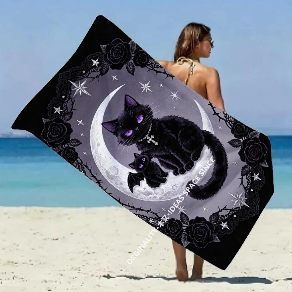 Gothic Moon Black Cat Beach Towel Patterned Sunscreen And Windproof Suitable For Swimming Pool Camping Travel