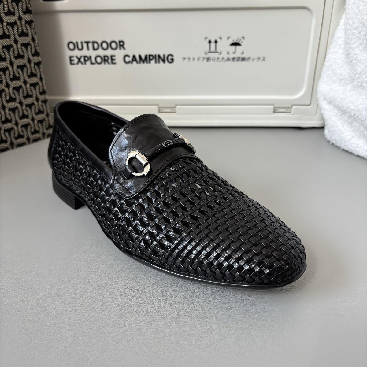 

Весна 2025 новая мужская обувь кожаные плетеные лоферы слипоны ленивые туфли бини мужская повседневная кожаная обувь тренд 44