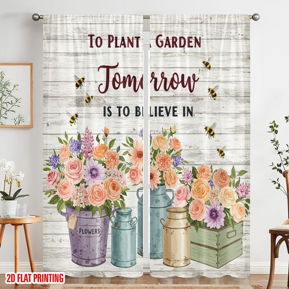 2pcs 2D Flat Printing Window Curtains Floral Garden Belief Tomorrow Polyester Without Electricity Family Party Perfect for Home