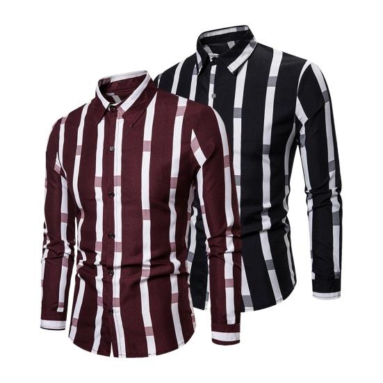 Spring Men Shirt Contrast Color Striped Print Thin Long Sleeves Turn-down Collar Loose Single-breasted Formal Business Style Casual Top