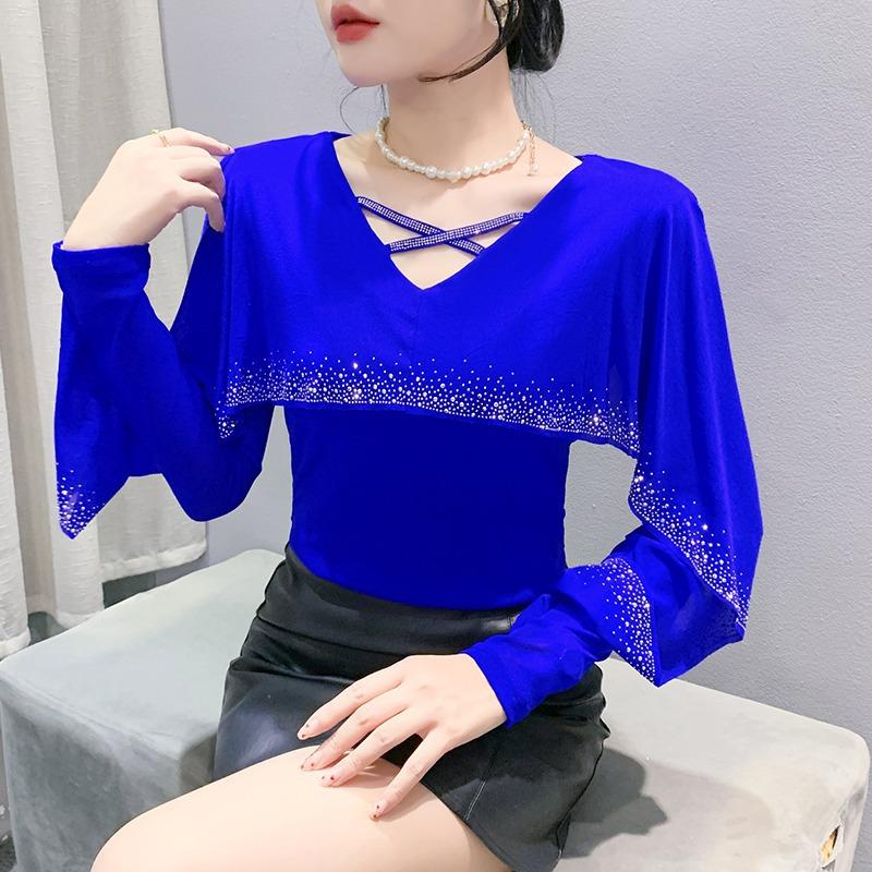 New Winter Mesh Heavy Industry Feels Ruffled Diamond Versatile Long-sleeved Women's T-shirt Base Shirt Top