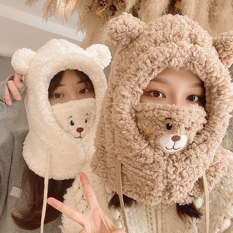 Bear Plush Hat Mask Hat Scarf Integrated Winter Female Cycling Cold Protection Hat Female Autumn and Winter Pullover Hat