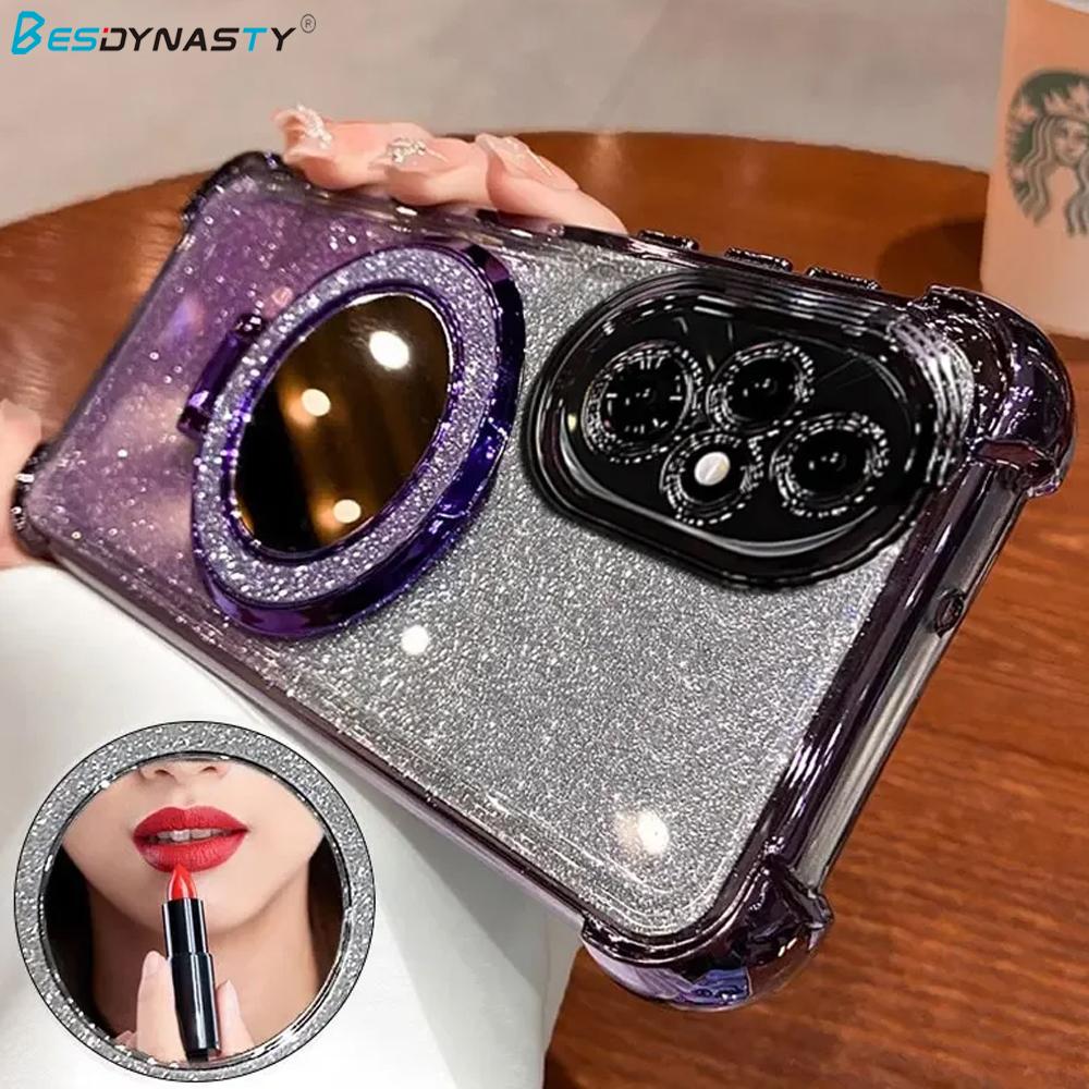 Luxury Mirror Holder Bling Glitter Silicone Phone Case for Honor 200 100 Pro 90 80 70 60 Pro Ultra-thin Stand Cover