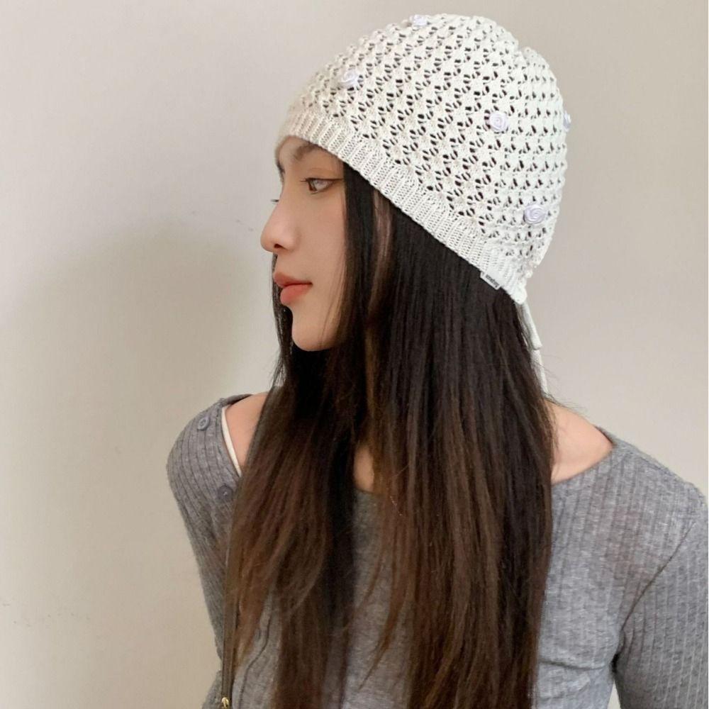 

Hollowed Out Knitted Hat Casual Sun Visor Breathable Beret Cap for Women чорний