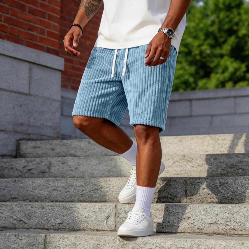 Mode Casual pour Hommes -Shorts en Velours Côtelé de Couleur Avec Broderie-, Shorts à Taille Élastique à Cordon de Serrage