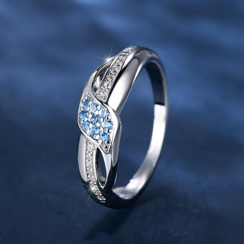 Wish European and American sea blue diamond edge inlaid white diamond leaf ring simple personality light luxury ring goods no. 6