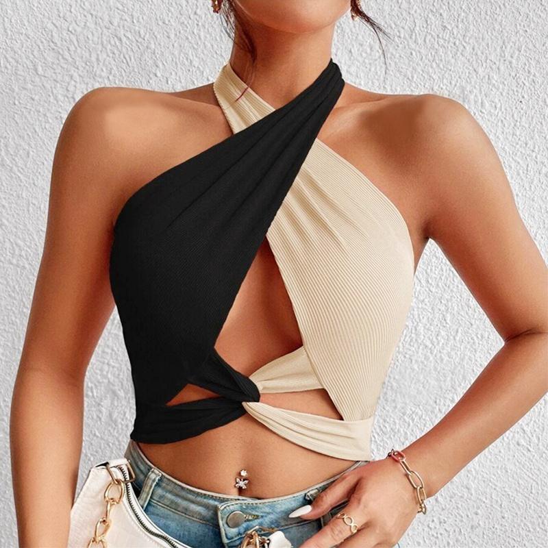 Women Summer Tank Tops Knit Sexy Black White Cross Halter Neck Push Up Hollow Crop Tops High Street Wear 2025 New Fashion