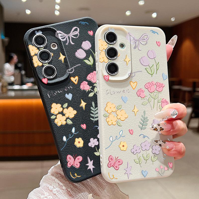 Cartoon Floral Bowknot Print Slim Phone Case For Samsung S25 S24 FE S23 Ultra A36 A56 A16 A55 A26 A35 Leather Texture TPU Soft Shockproof Matte Cover