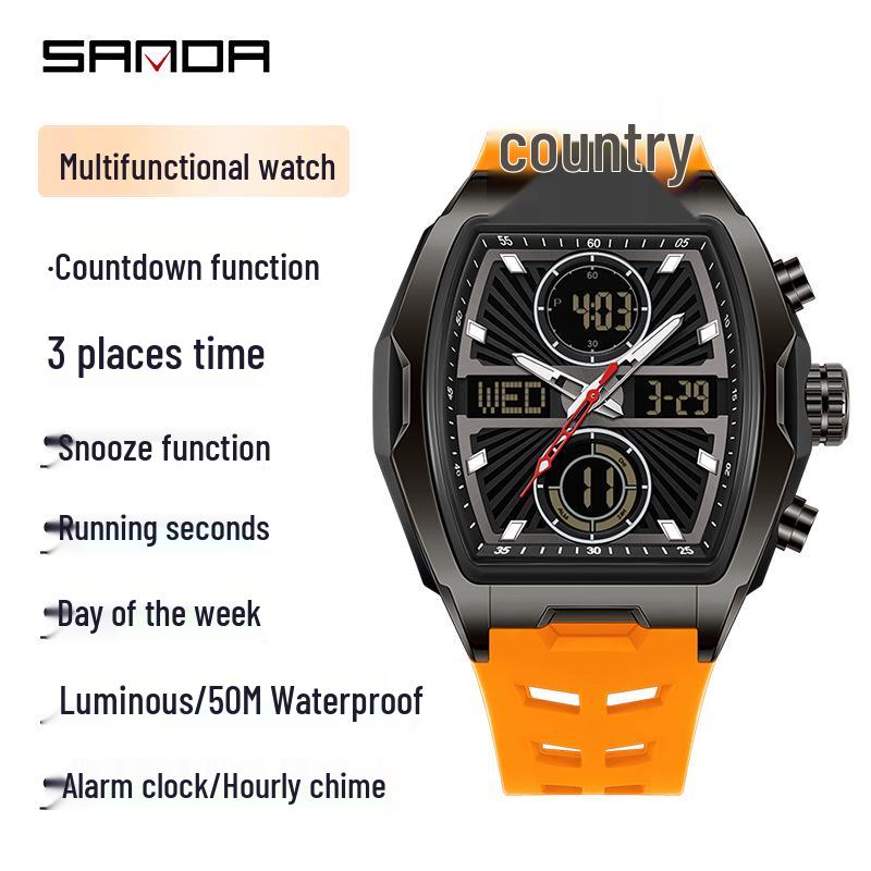 Sanda Dual Display Waterproof Barrel-Shaped Electronic Watch with Alarm for Students and Parties