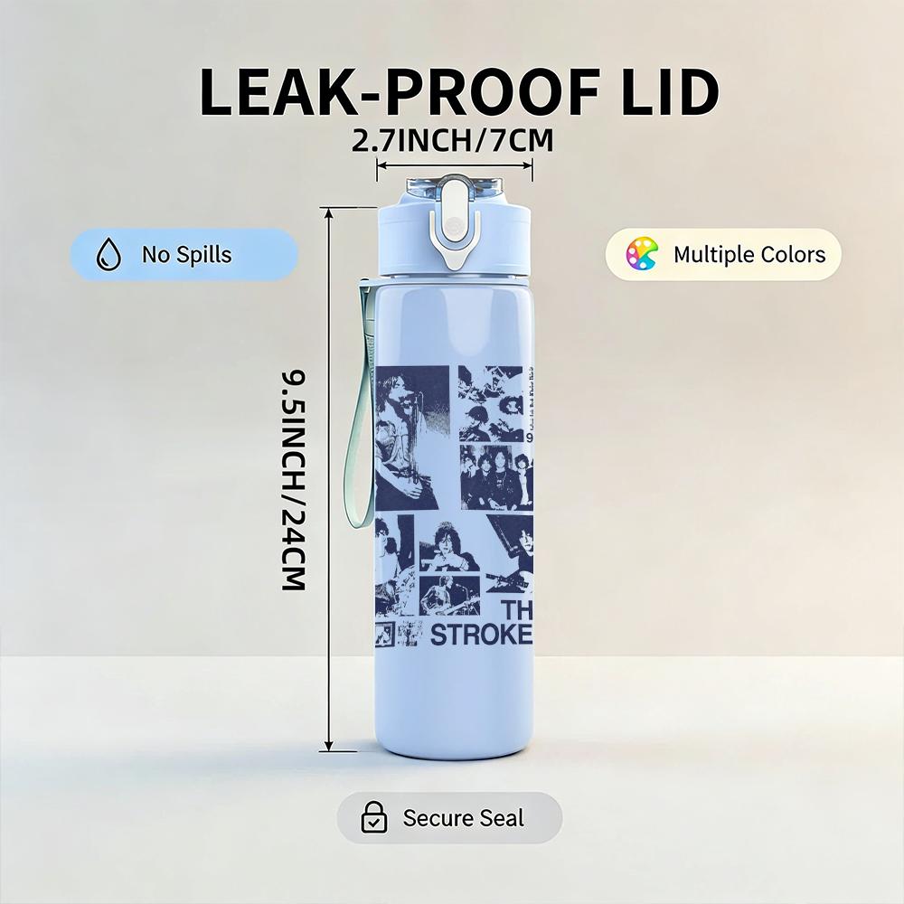 1PC Retro Band Black White Grid Collage Print 750ml Portable Sports Water Bottle Leakproof Gym Outdoor Travel Drink Cup