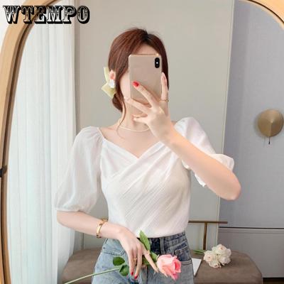 Brand French Style with Temperament V-neck Bubble Short-sleeved Tops Women's Summer Design Sense Niche Fashion Chiffon Shirts