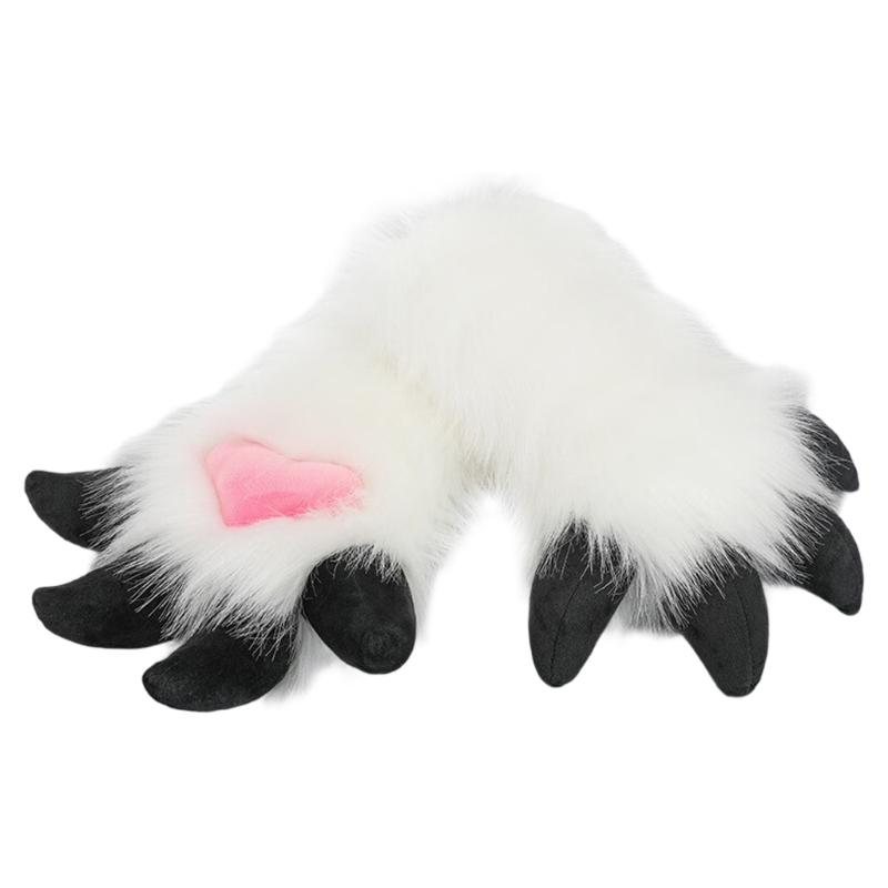 Faux Furs Plush Cats Claw Gloves Fursuit Animal Foxes Paws Mittens Halloween Cosplay Costume Accessories Adult Kids чёрный/белый