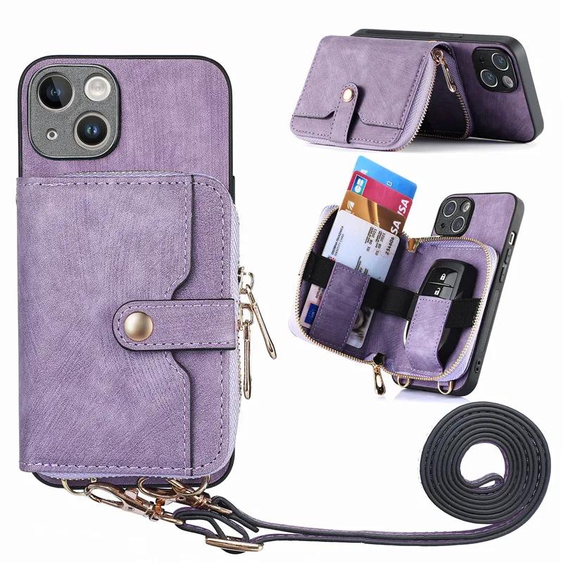 Lanyard Zipper Wallet Phone Case for Samsung Galaxy S25 Edge S24 S23 Ultra S22 S21 S20 FE S10 Plus Note 20 10 Leather Flip Cover