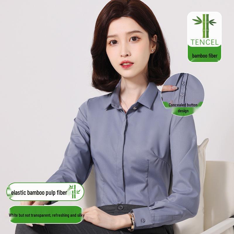 Women's Slim Fit Long Sleeve Bamboo Fiber Anti-Wrinkle White Shirt for Business or Casual Wear