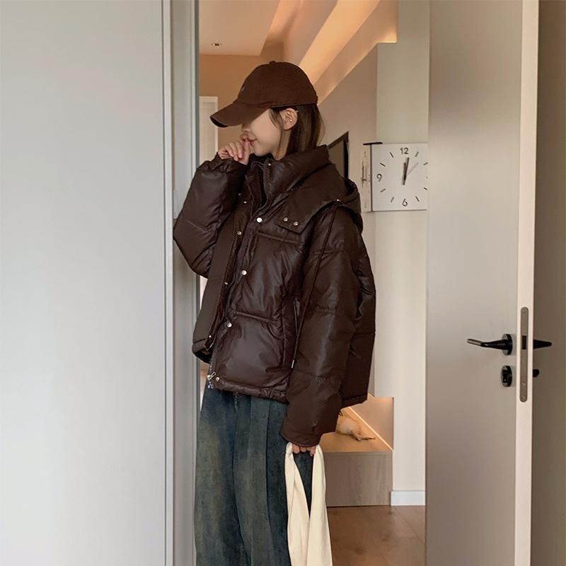 PU leather down cotton jacket women's 2025 autumn/winter short loose slimming thickened bread jacket cotton jacket