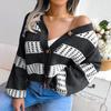Designer Contrasting Lantern Sleeve Cardigan Sweater Jacket