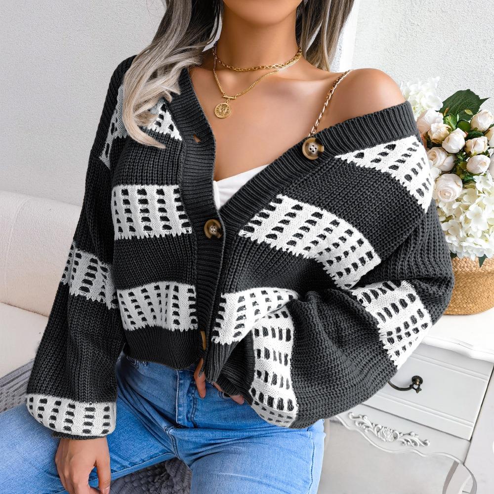 Designer Contrasting Lantern Sleeve Cardigan Sweater Jacket