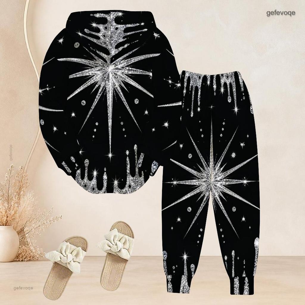 Women Plus Size Gem Heart Printed Two Piece Set Long Sleeve Hooded Top Cuffed Pants