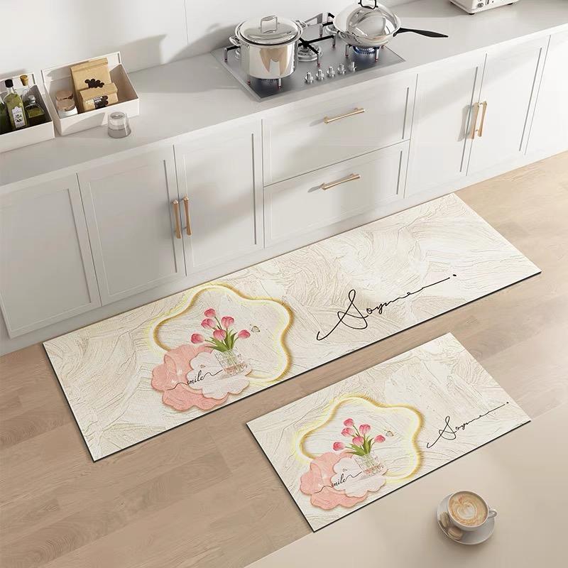 2-teilige Creme Air Küchenbodenmatte Kieselgur Saugfähig, Rutschfest, Anti-Abtropfmatte Lang Waschfrei und Anti-Sturz Teppich